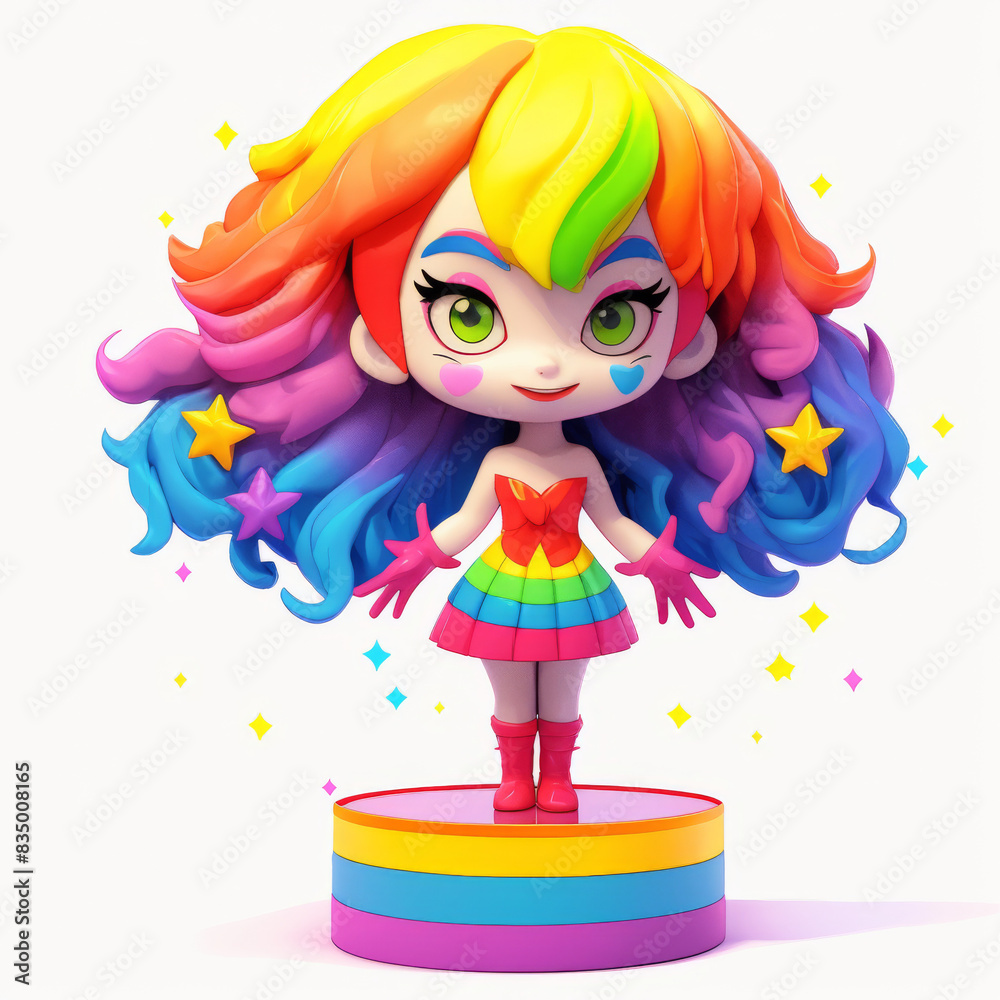 3d female character with intricate rainbow face paint, dressed in a stylish outfit featuring various LGBTQ+ pride elements, standing in a powerful pose with arms raised and surrounded by floating rain 3d female character with intricate rainbow face paint, dressed in a stylish outfit featuring various LGBTQ+ pride elements, standing in a powerful pose with arms raised and surrounded by floating rain