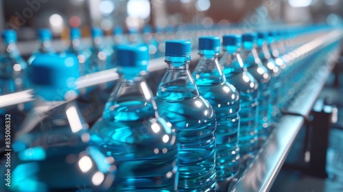 Production and bottling of clean and healthy water in a bottled water production plant. Conveyor with bottles.	
