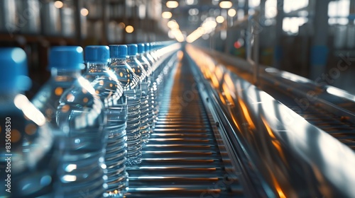 Production and bottling of clean and healthy water in a bottled water production plant. Conveyor with bottles.	
