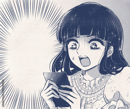 スマホを見て唖然とするレトロ漫画風のお姫様のイラスト