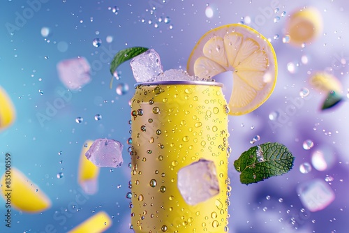 yellow blank drink can and slices of lemon, ice cubes flying in the air on blue background  photo