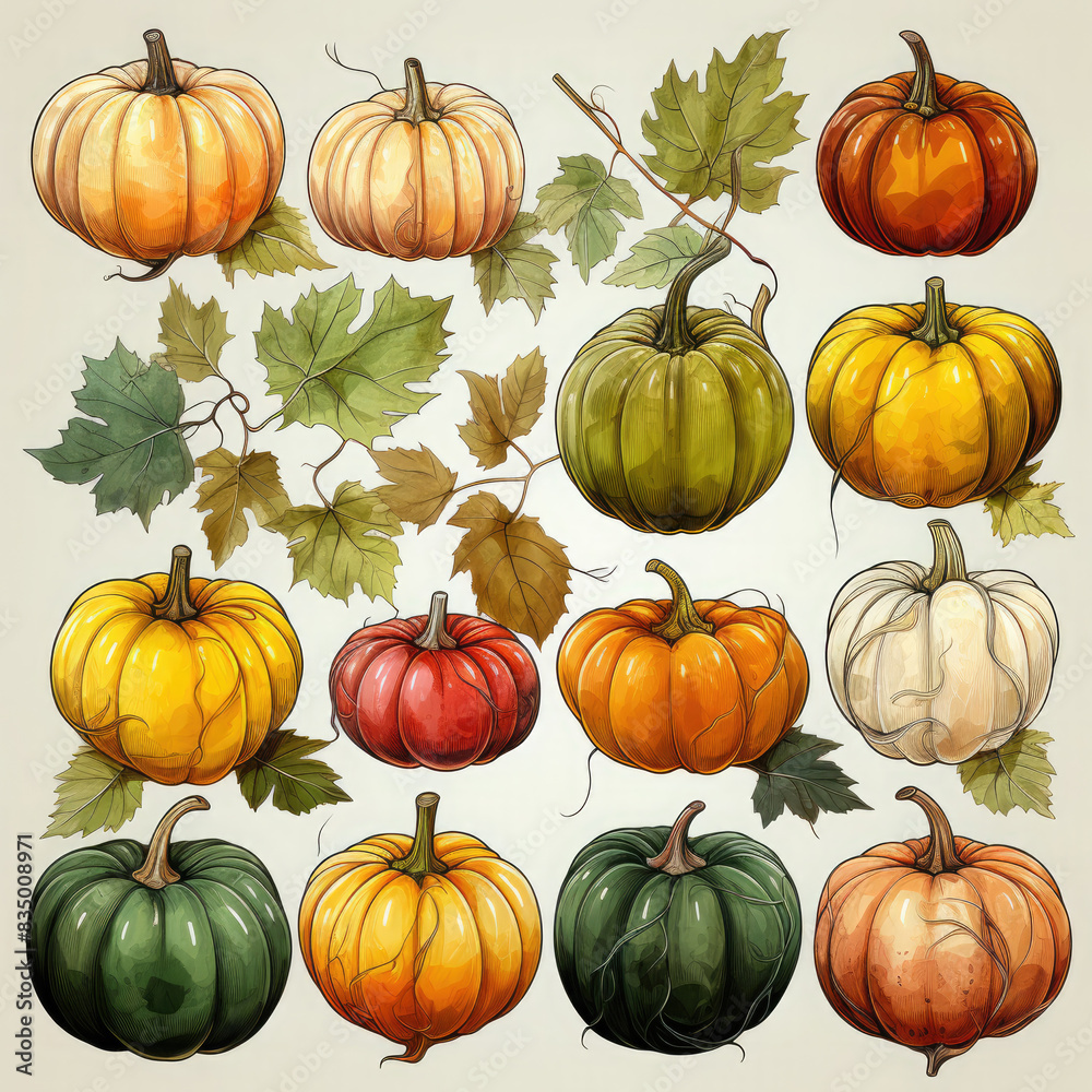 Watercolor Linocut Style Pumpkins Illustration, Generative Ai
