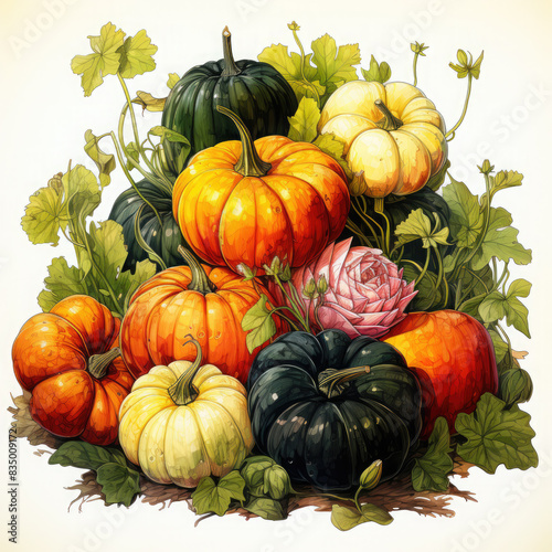 Watercolor Linocut Style Pumpkins Illustration, Generative Ai