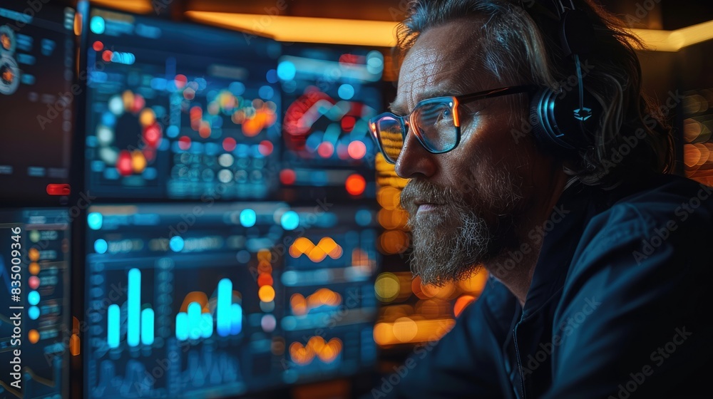 Focused engineer in glasses and headset working on computers, analyzing data on multiple monitors in a control room, cybersecurity concept. Focused engineer in glasses and headset working on computers, analyzing data on multiple monitors in a control room, cybersecurity concept.