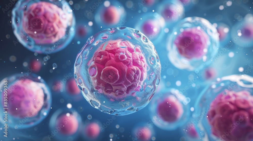 Microscopic View of Human Cells in a Fluid Medium, with a Focus on a Single Cell with a Detailed Nucleus. Microscopic View of Human Cells in a Fluid Medium, with a Focus on a Single Cell with a Detailed Nucleus.