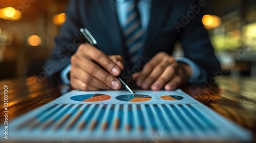 A businessman analyzing financial data charts. Professional, corporate environment highlighting business strategy and performance metrics.