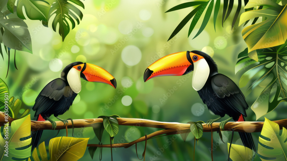 Fototapeta premium Two colorful toucans perched on branch in lush jungle