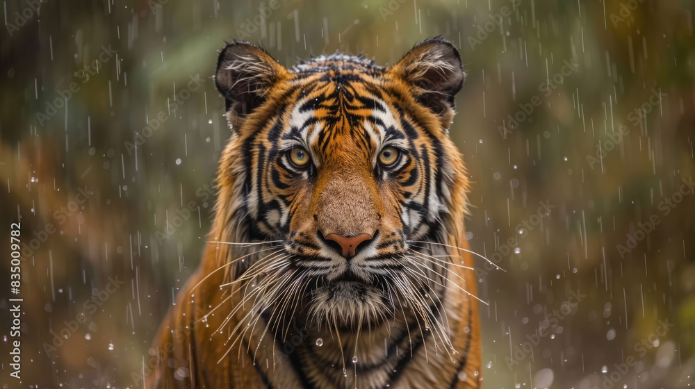Naklejka premium Male Indian tiger in the rain portrait, wild animal nature