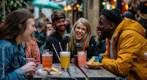 A group of friends having drinks at an outdoor bar in the city  laughing and enjoying each other s company. They re surrounded by various cocktails on small plates with snacks like bread sticks or fri