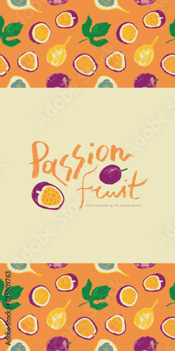 Hand drawn granadilla pattern. Tropical fruit banner. Vector passion fruit seamless pattern. Colorful exotic fruits ornate print. Natural background for cosmetics, fruits puree or juice label.
