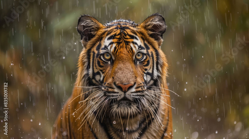 Male Indian tiger in the rain portrait, wild animal nature