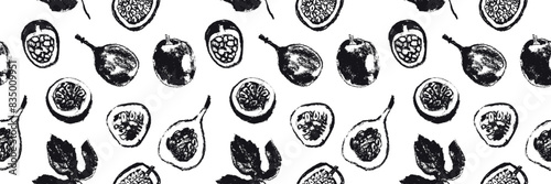 Hand drawn granadilla pattern. Tropical fruit banner. Vector passion fruit seamless pattern. Black exotic fruits ornate print. Natural background for cosmetics, fruits puree or juice label.
