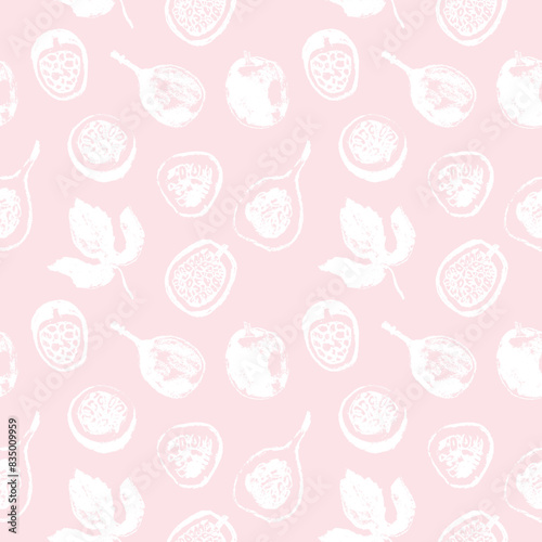 Hand drawn granadilla pattern. Tropical fruit banner. Vector passion fruit seamless pattern. Colorful exotic fruits ornate print. Natural background for cosmetics, fruits puree or juice label.