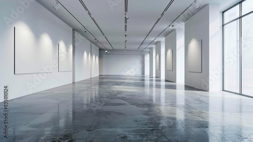 minimalist exhibition hall interior with blank walls modern art gallery room with concrete floor and lighting