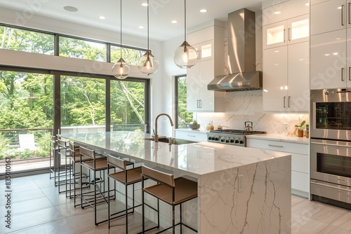 Experience the epitome of modern design in this American kitchen  featuring sleek white cabinets  state-of-the-art stainless steel appliances