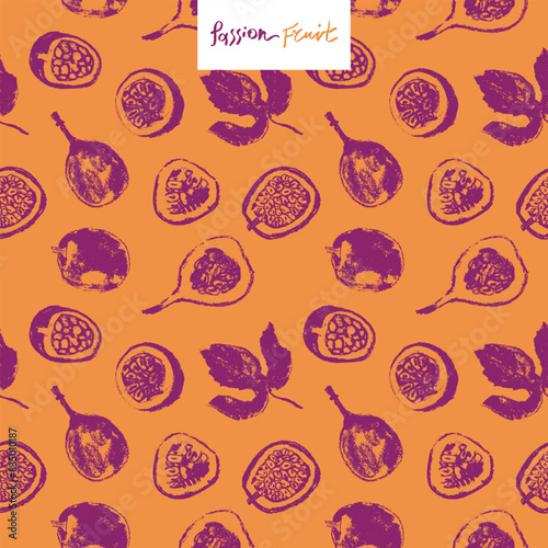 Hand drawn granadilla pattern. Tropical fruit banner. Vector passion fruit seamless pattern. Colorful exotic fruits ornate print. Natural background for cosmetics, fruits puree or juice label.