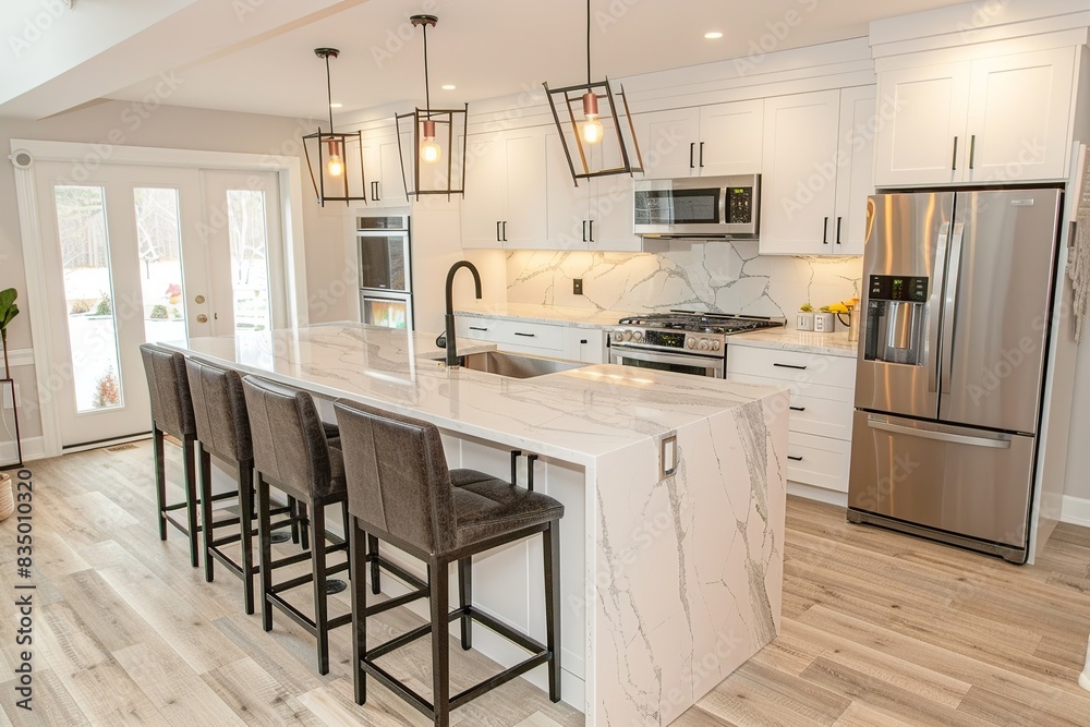 Experience the epitome of modern design in this American kitchen, featuring sleek white cabinets, state-of-the-art stainless steel appliances Experience the epitome of modern design in this American kitchen, featuring sleek white cabinets, state-of-the-art stainless steel appliances