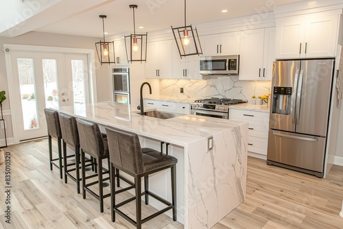 Experience the epitome of modern design in this American kitchen  featuring sleek white cabinets  state-of-the-art stainless steel appliances