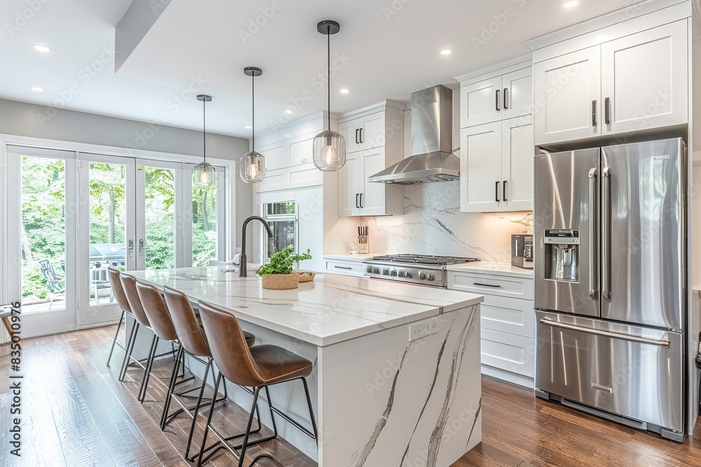 Experience the epitome of modern design in this American kitchen, featuring sleek white cabinets, state-of-the-art stainless steel appliances Experience the epitome of modern design in this American kitchen, featuring sleek white cabinets, state-of-the-art stainless steel appliances