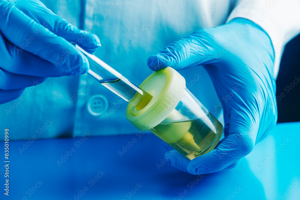 man in the lab filling a tube with a urine sample