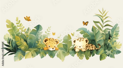 Fototapeta Naklejka Na Ścianę i Meble -  Watercolor drawing of design cute baby jungle animals on white background.
