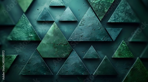 Modern Abstract Geometric Background with Green Triangles and Water Droplets, Ideal for Creative Design Concepts, Textured Wallpaper with Gradient Shapes and Symmetry