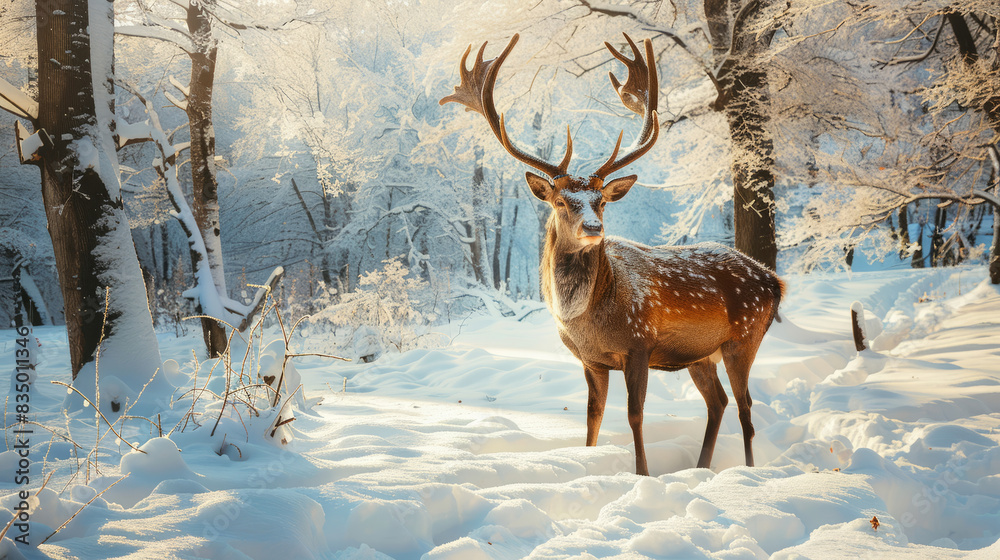Fototapeta premium Majestic male deer standing in snowy winter forest