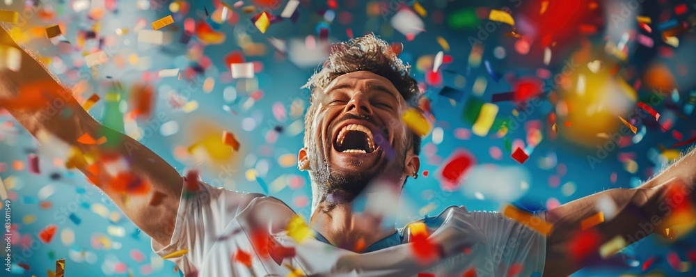 A man is jumping in the air with confetti falling around him. Scene is celebratory and joyful A man is jumping in the air with confetti falling around him. Scene is celebratory and joyful