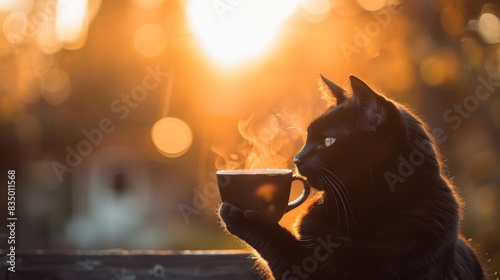 A black cat holding a steaming cup in its paw, enjoying the warm sunlight of an early morning in a serene outdoor setting.