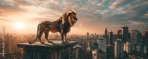 A lion stands on top of a building in a city. The lion is looking out over the city, taking in the view. The city is bustling with activity, with tall buildings and busy streets photo