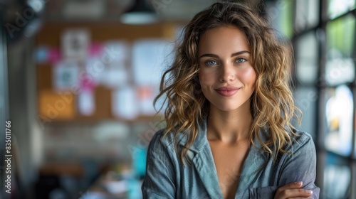 Confident young woman with wavy hair standing in creative office space, smiling and looking at the camera.