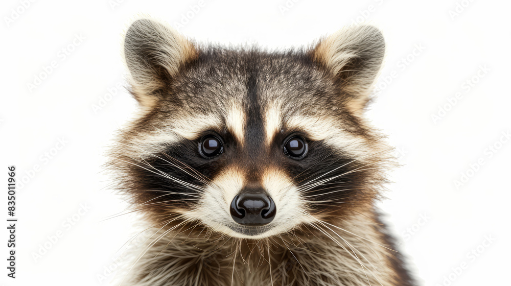 Portrait of a cute and funny raccoon closeup on white background
