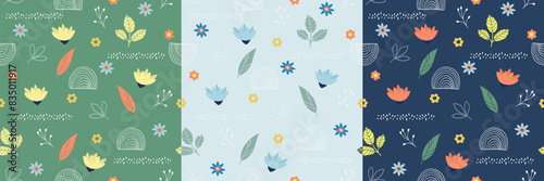 Colorful and bright springtime elements seamless pattern set. Leaves and flowers on blue background art