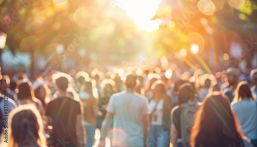 A large crowd of people walking down a sunlit street, with trees and lens flares creating a vibrant and lively atmosphere.