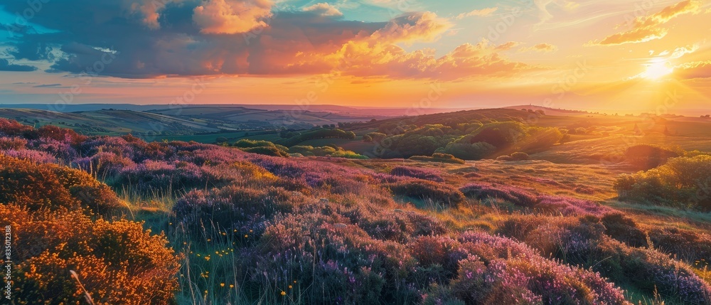 A stunning sunset over a colorful landscape with rolling hills and blooming heather flowers, creating a serene and picturesque scene.