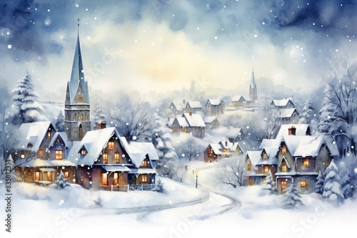 Winter village watercolor painting illustration  generative ai