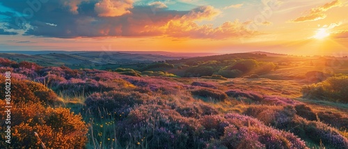 A stunning sunset over a colorful landscape with rolling hills and blooming heather flowers, creating a serene and picturesque scene. photo