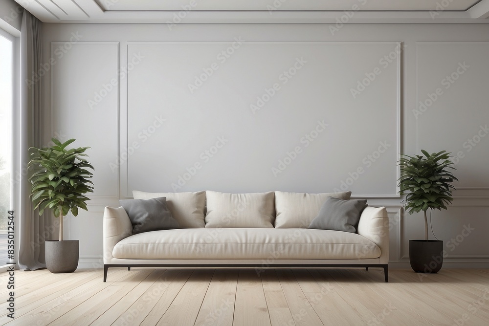 Fototapeta premium Interior home of living room with sofa and plants on empty white wall background