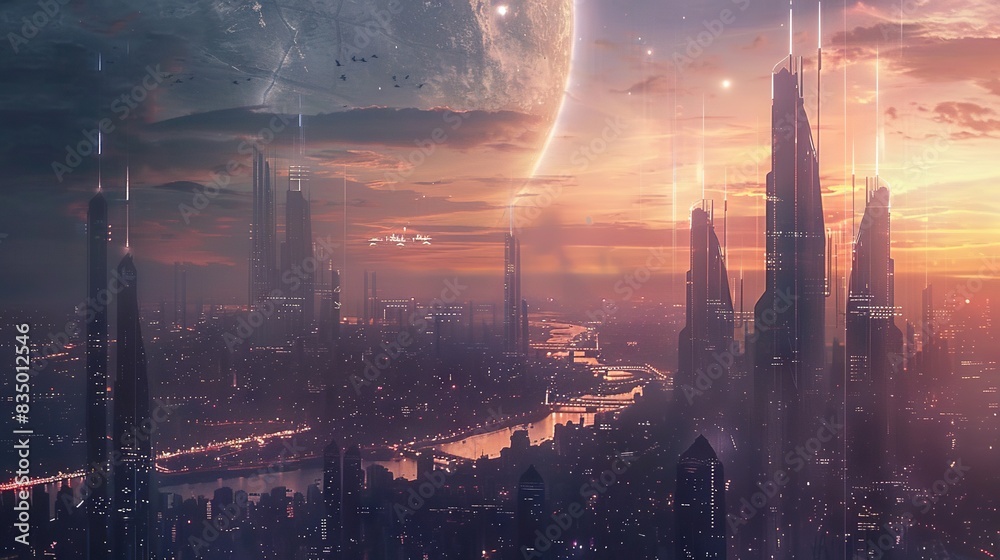 Futuristic city landscape, planet in the horizon Futuristic city landscape, planet in the horizon
