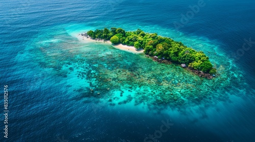 Aerial view of a lush tropical island surrounded by crystal-clear turquoise water and vibrant coral reefs in the middle of the ocean.