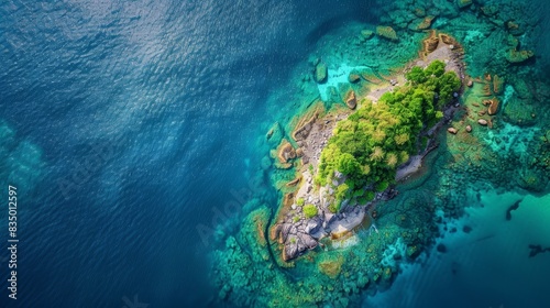 Aerial view of a lush green tropical island surrounded by vibrant blue ocean waters  showcasing stunning natural beauty and serene landscape.