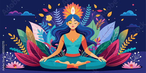 Woman meditating with colourful nature energy appearing in her mind. , this image is not based on any original image, character or person.