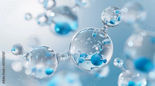 Abstract 3D Illustration of a Molecular Structure with Blue Spheres and Water Droplets