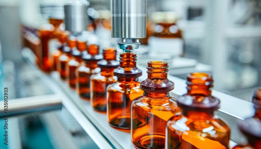 Automated bottling line in a pharmaceutical factory with amber glass bottles. High precision machinery in industrial production of medicine. Automated bottling line in a pharmaceutical factory with amber glass bottles. High precision machinery in industrial production of medicine.