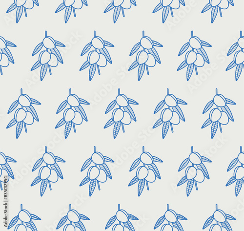 Seamless pattern of the almond branch. Line art, retro. Plants and herbs for cosmetics.
