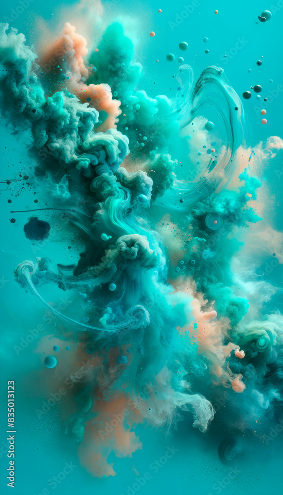 Abstract swirling smoke patterns in turquoise and orange on a teal background, evoking a sense of fluidity. Generative AI Abstract swirling smoke patterns in turquoise and orange on a teal background, evoking a sense of fluidity. Generative AI