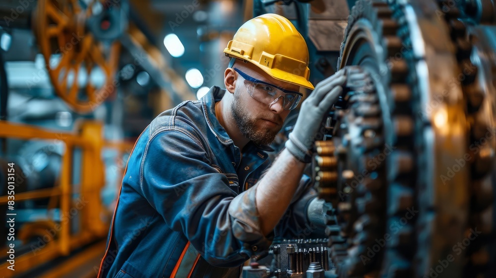 A technician conducting routine maintenance on industrial machinery focus on maintenance, industrial theme, vibrant, composite, factory floor backdrop A technician conducting routine maintenance on industrial machinery focus on maintenance, industrial theme, vibrant, composite, factory floor backdrop