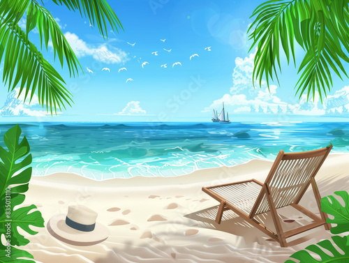 tropical beach paradise with hat and chair, summer holiday background