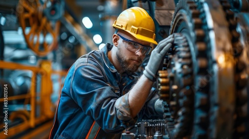A technician conducting routine maintenance on industrial machinery focus on maintenance, industrial theme, vibrant, composite, factory floor backdrop