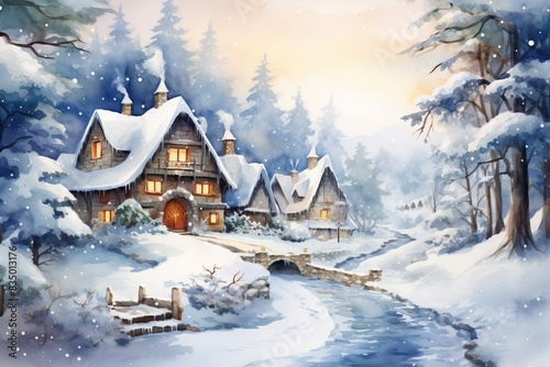 Winter village watercolor painting illustration, generative ai © ImronDesign